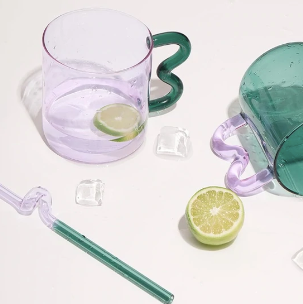 Colorful Ear Glass Mug: Amber with Pink Handle