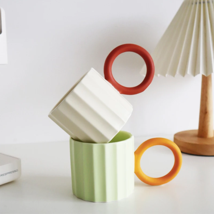 Handmade Ceramic Coffee Mug: White with Red Handle