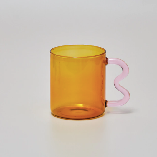Colorful Ear Glass Mug: Amber with Pink Handle